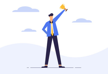 Success winning business man holding trophy. Flat character design vector.