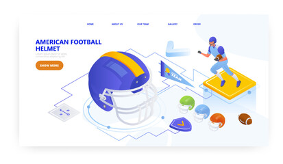 American football helmet, landing page design, website banner vector template. Football player protective equipment.