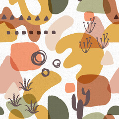 Boho Abstract Organic Shapes with Plants Vector Seamless Pattern