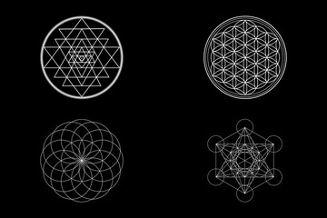 Sacred Geometry Background, Sri Yantra, Flower Of Life, Torus, Metatron Symbols Isolated on Black Background. - obrazy, fototapety, plakaty