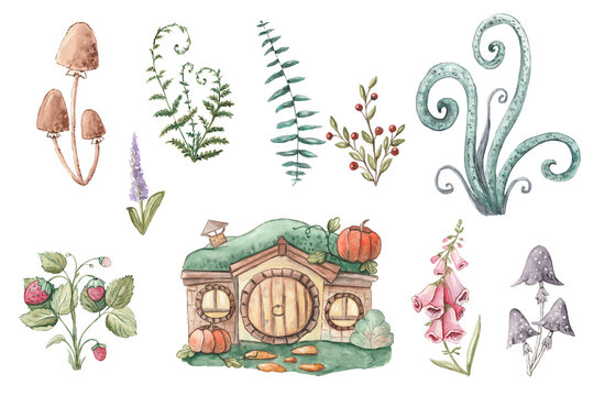 Set of isolated mushroom fairy house illustration.Cute cartoon elven, fairy or gnome houses in the form of pumpkin, tree, mushroom, stump. Cute houses clip art, sublimation designs, summer scenes