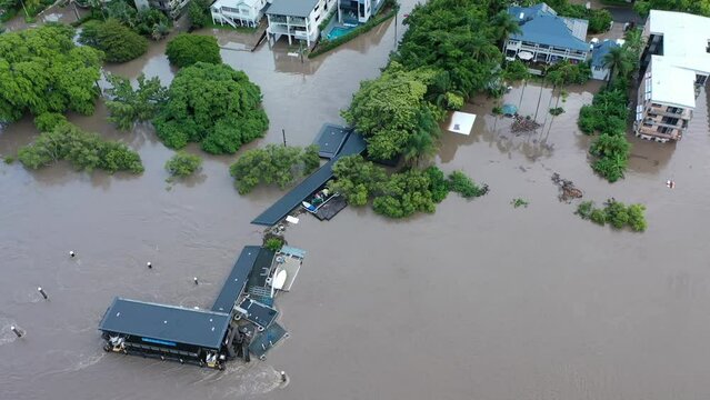 Drone Shot Of Destroyed City Cat Boat Ferry Terminal. Brisbane Floods Drone Video 2022 QLD AUS