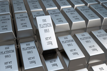 Stacks of platinum bullions of 999.5 purity. Illustration of the concept of increasing price of platinum commodity and wealth