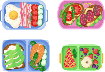 Meal trays with healthy food for lunch set