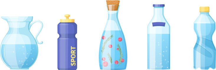 Set of different plastic and glass reusable water bottles