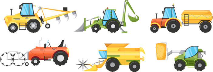 Set of modern farm agricultural vehicles and machinery