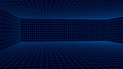 Empty futuristic 3D wireframe room. Vector perspective grid. Cyberspace background. Box with digital space in virtual reality.
