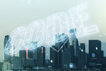 Code word hologram on Los Angeles cityscape background, international software development concept. Multiexposure
