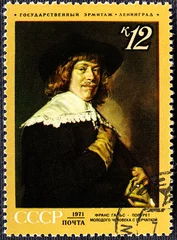 Foto op Canvas USSR - CIRCA 1971: A stamp printed in the USSR shows draw of artyist Frans Hals Portrait of the young man with a glove , one stamp from series. © Vladimir