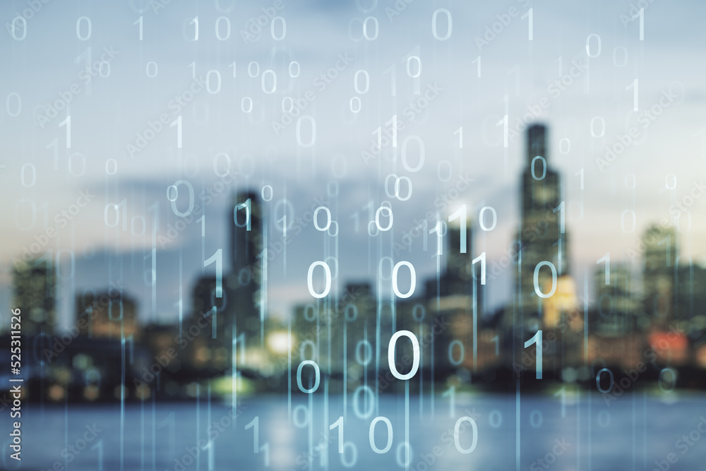 Leinwandbilder abstract virtual binary code illustration on blurry skyline background. big data and coding concept.