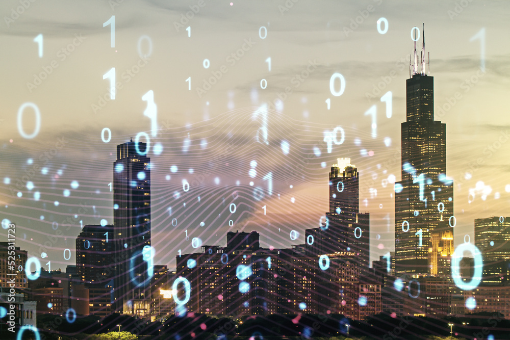 Leinwandbilder abstract virtual binary code hologram on chicago cityscape background, ai and machine learning conce