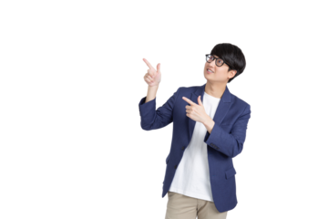 Image of cheerful Asian businessman smiling and pointing double index fingers aside on transparent as png