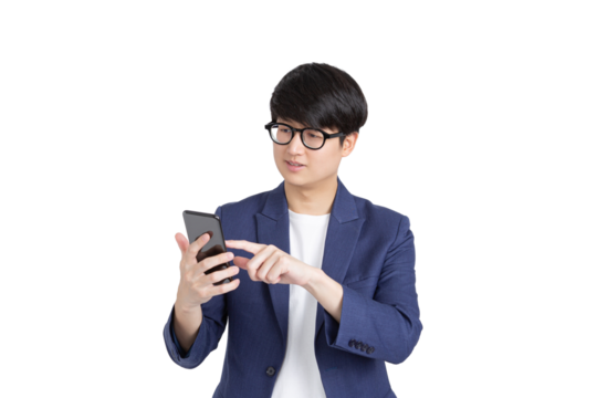 Smiling asian male entrepreneur in glasses using smart phone on transparent as png