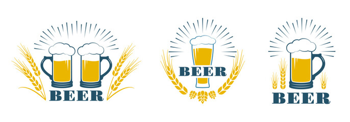 Beer logo, icon, label set. Brewery, pub or bar emblem design template with beer mug or glass. Vintage alcohol drink badge. Vector illustration.