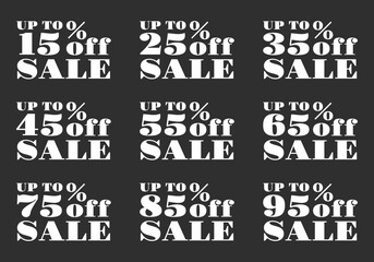 Sale icon set. 15, 25, 35, 45, 55, 65, 75, 85, 95 percent price off. Discount tag, label or sign. Promotion sticker design. Business, advertising, marketing badge. Vector illustration.