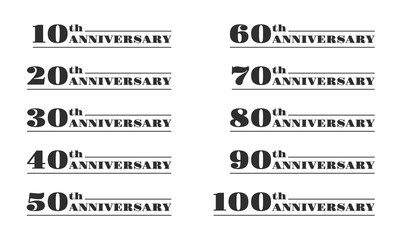 Anniversary logo or icon set. 10, 20, 30, 40, 50, 60, 70, 80, 90, 100 years. Birthday, jubilee, celebration, invitation badge, label or banner design. Vector illustration.