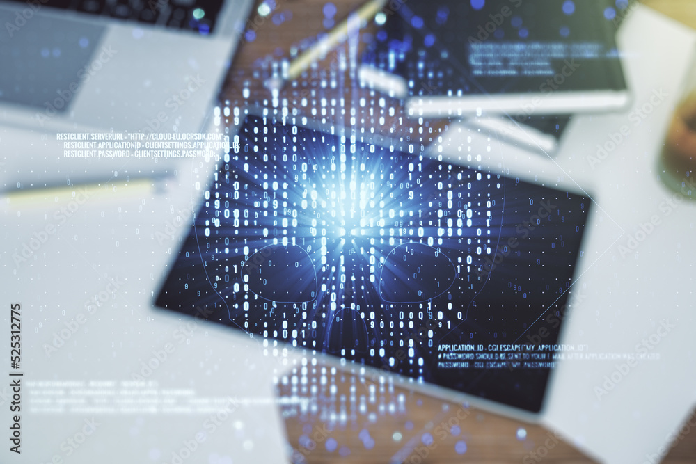 Poster creative code skull hologram and modern digital tablet on desktop on background, top view, cybercrim