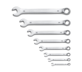 Wrench isolated on white. Spanners. Many wrenches. Industrial background. Set of wrench tool equipment. Set of wrenches in different sizes.