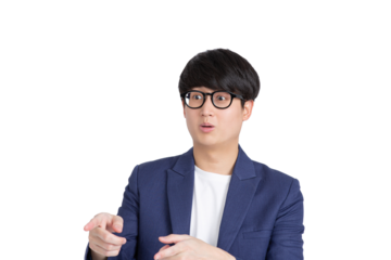 Shocked young asian business man in glasses pointing with double index finger on transparent as png
