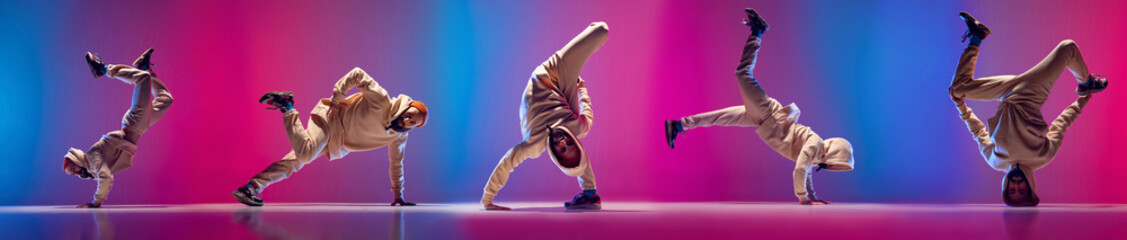 Flyer with sportive man dancing hip-hop, breakdance in white clothes on gradient pink blue...