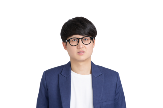 Serious angry young asian adult man in casual business attire looking at the camera over transparent as png