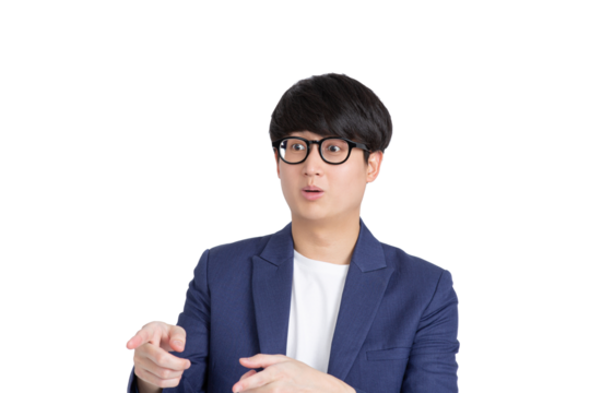 Shocked young asian business man in glasses pointing with double index finger on transparent as png