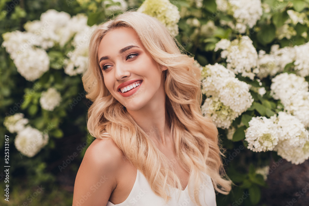 Wall mural portrait of sweet lovely gentle blond hair lady look aside posing for professional photo session vac