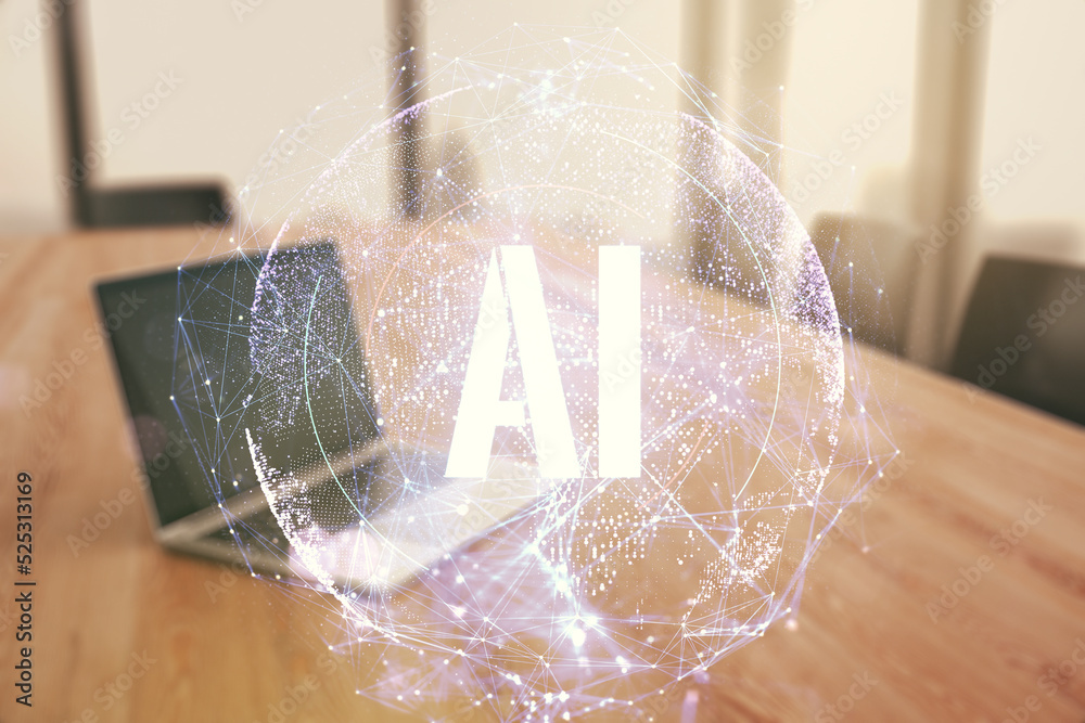 Aufkleber creative artificial intelligence symbol concept with modern computer on background. double exposure