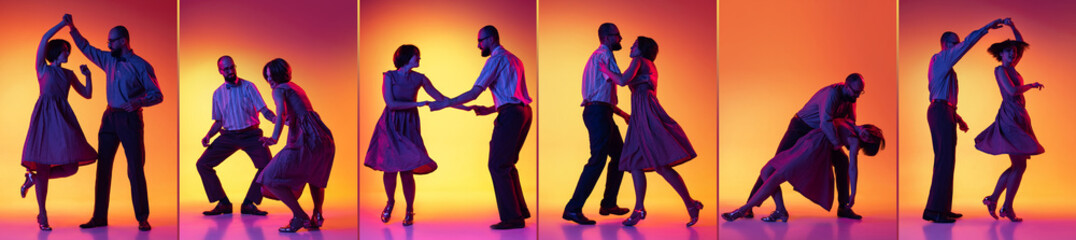 Set with images of stylish man and woman dancing lindy hop over orange background in neon light. Art, dance, retro, vintage style and fashion.