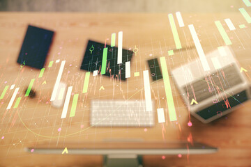 Multi exposure of abstract financial diagram on computer background, banking and accounting concept