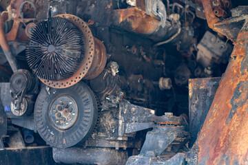 Rusty burnt metal of armored vehicles. metal texture with scratches and cracks