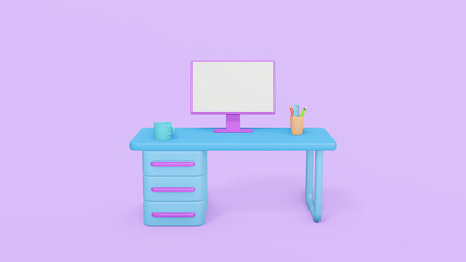 Concept home working. Lovely job. Modern Desk with computer. minimal work from home interior concept. Purple background. 3d rendering cartoon