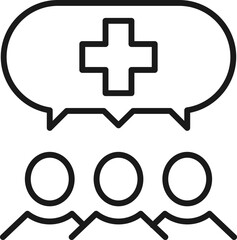People, staff, speech bubble concept. Vector line icon for web sites, stores, online courses etc. Sign of medical cross inside of speech bubble over group of people