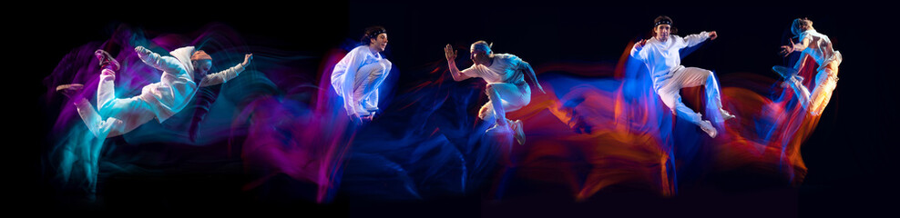 Flyer with images of young men dancing hip-hop, breakdance in white clothes on dark background with mixed neon light. Youth culture, hip-hop, street style