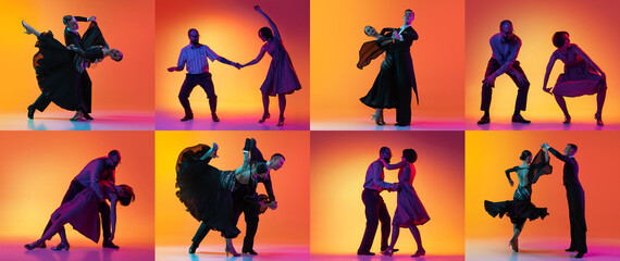 Collage with images of young dance ballroom couples in stage attires dancing over orange background...