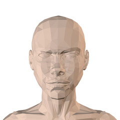 Low poly girl head isolated on white background. Angry facial expression. Front view. 3D. Vector illustration.