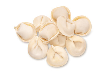bunch of fresh frozen dumplings ready for cooking, isolated on white background. Full depth of field.