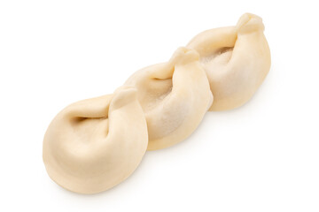 bunch of fresh frozen dumplings ready for cooking, isolated on white background. Full depth of field.
