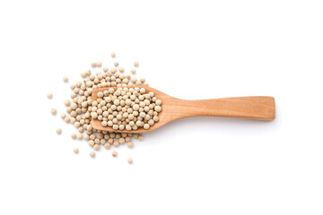 White pepper or peppercorns in wooden spoon isolated on white background , top view , flat lay.