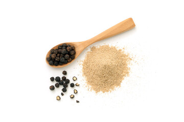 Black pepper or peppercorns in wooden spoon with powder isolated on white background , top view ,...