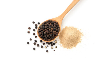 Black pepper or peppercorns in wooden spoon with powder isolated on white background , top view , flat lay.