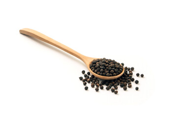 Black pepper or peppercorns in wooden spoon isolated on white background.