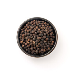 Black pepper or peppercorns in ceramic bowl isolated on white background , top view , flat lay.