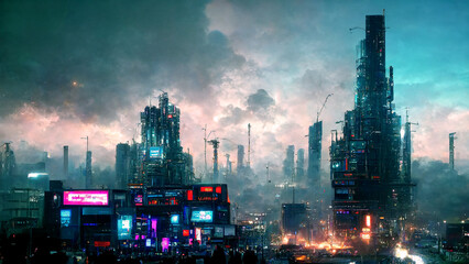 Cyber punk, Futuristic city scene, Technology Cityscape, Illustration