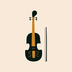 Classic black violin and bow hand drawn vector illustration. Isolated musical concert instrument in flat style for icon or logo. © Елена Радькова