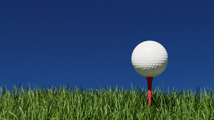 3D Rendering : a white golf ball on tee and green grass. ready for shot. sport background concept. texture of golf ball with blue sky background.
