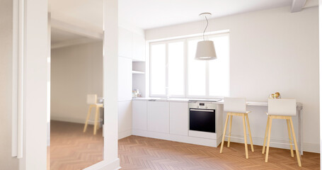 Fototapeta na wymiar Wnętrze, kuchnia z białymi ścianami i szafkami. Dębowa klasyczna podłoga. 3d rendering