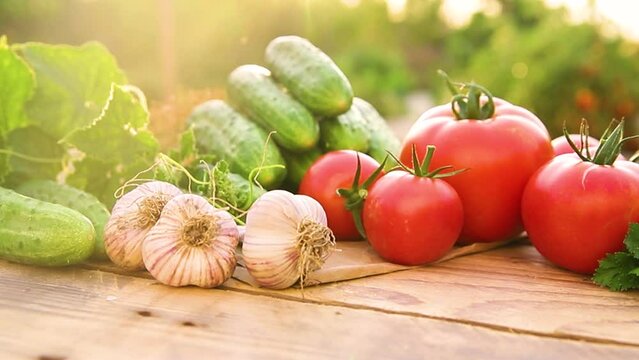 Fresh vegetables on a wooden background. Cucumbers, tomatoes, garlic, dill. Contoured sunlight. Organic farm. Organic vegetables. Summer harvest.