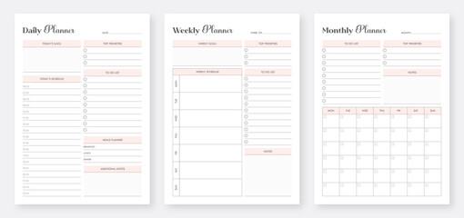 Daily, weekly, monthly planner template. 3 Set of minimalist planners. Printable Daily Weekly Monthly Planner Templates. Minimalist planner pages templates set. - obrazy, fototapety, plakaty