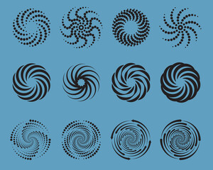 set of central geometric abstract spiral dots formation logo shape 
